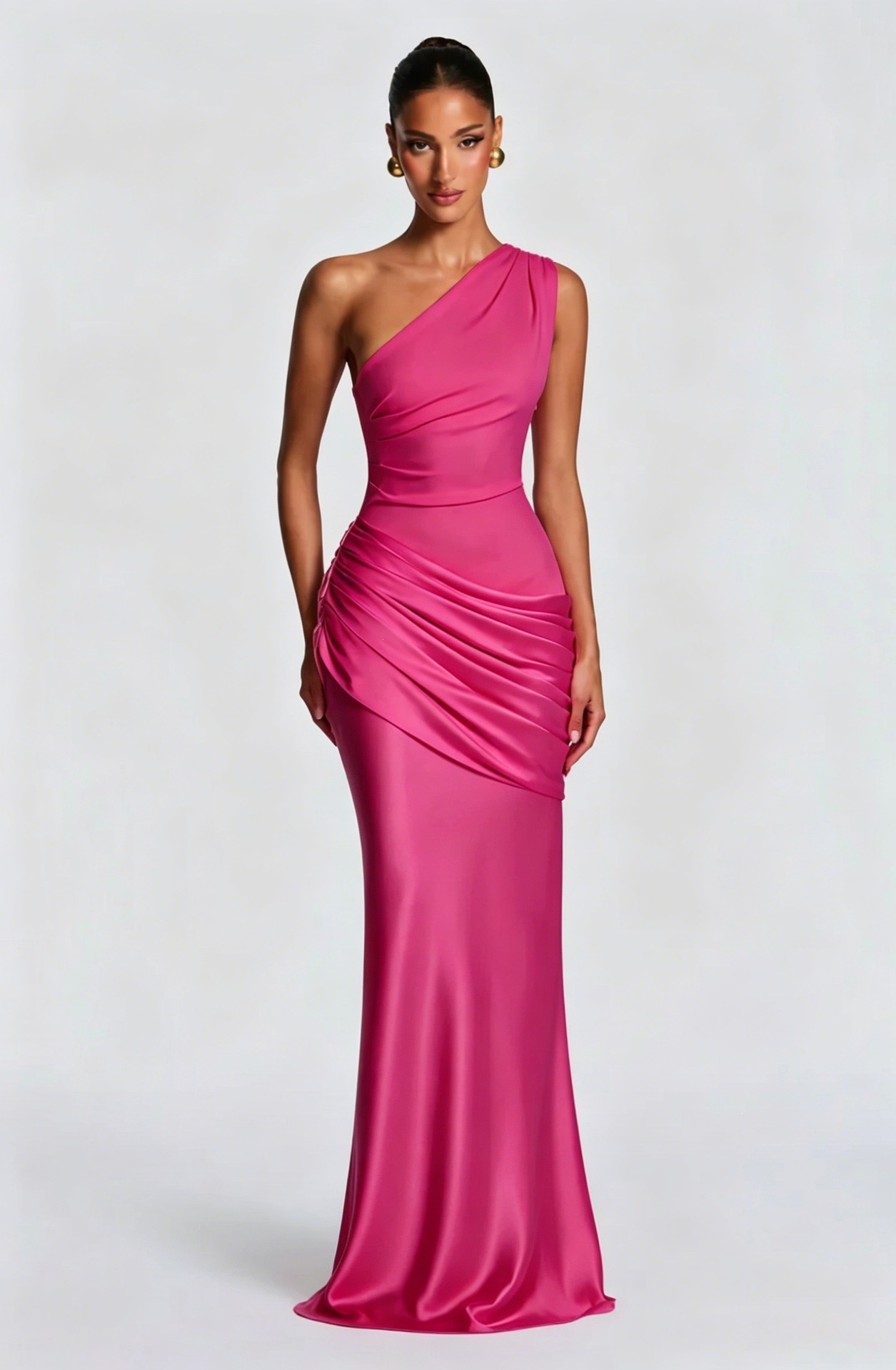 One-Shoulder Ruched Satin Bodycon Maxi Dress