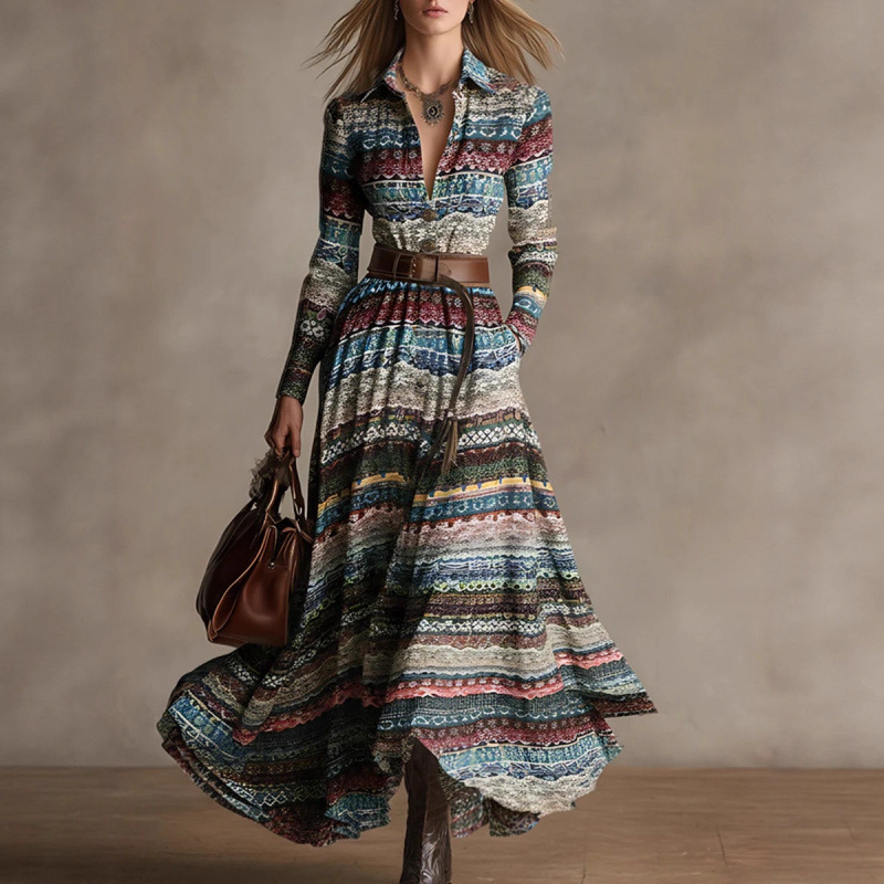 Women's Ethnic Tribal Print Long Sleeve Maxi Shirt Dress