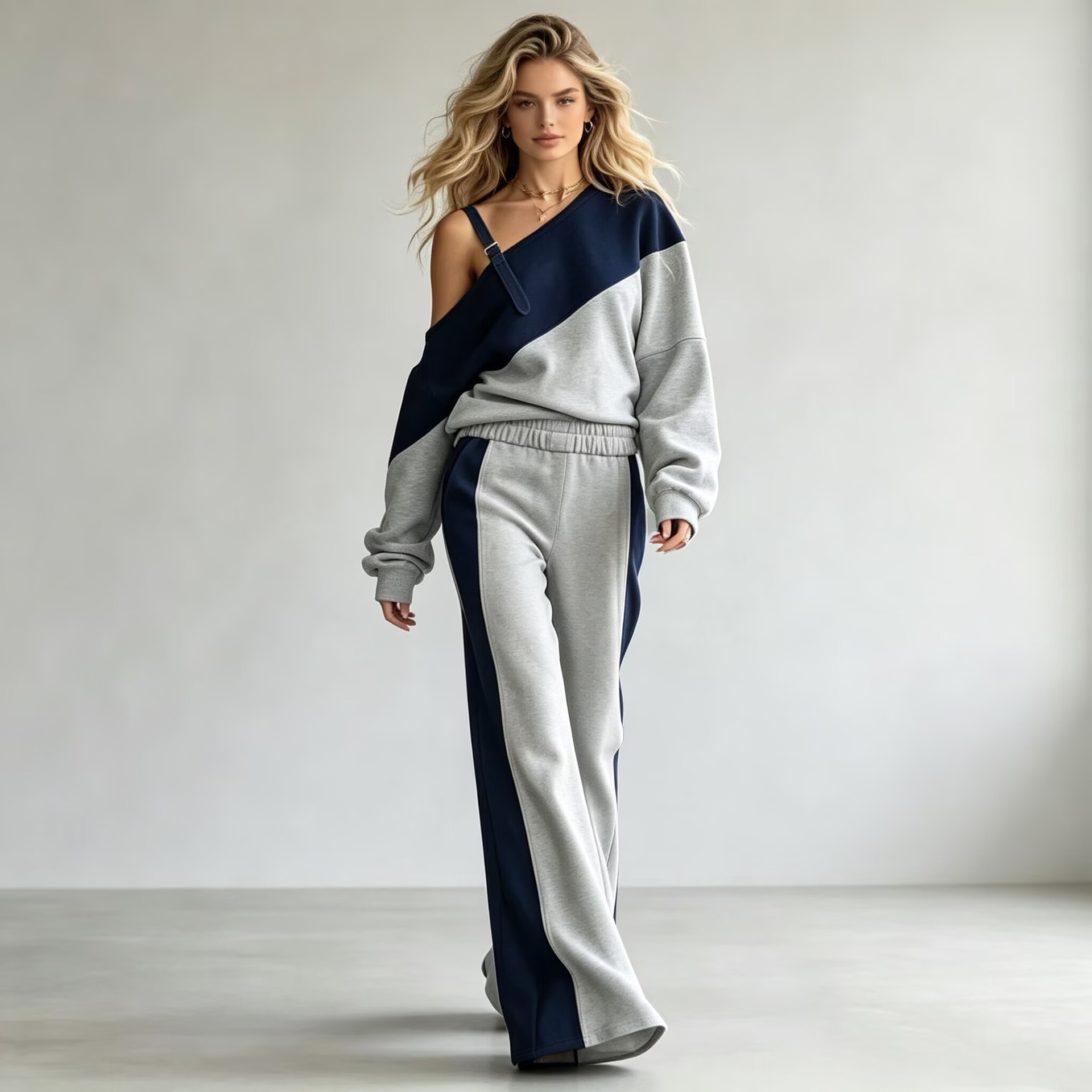 Women's Colorblock One-Shoulder Sweatshirt & Wide-Leg Pants Set