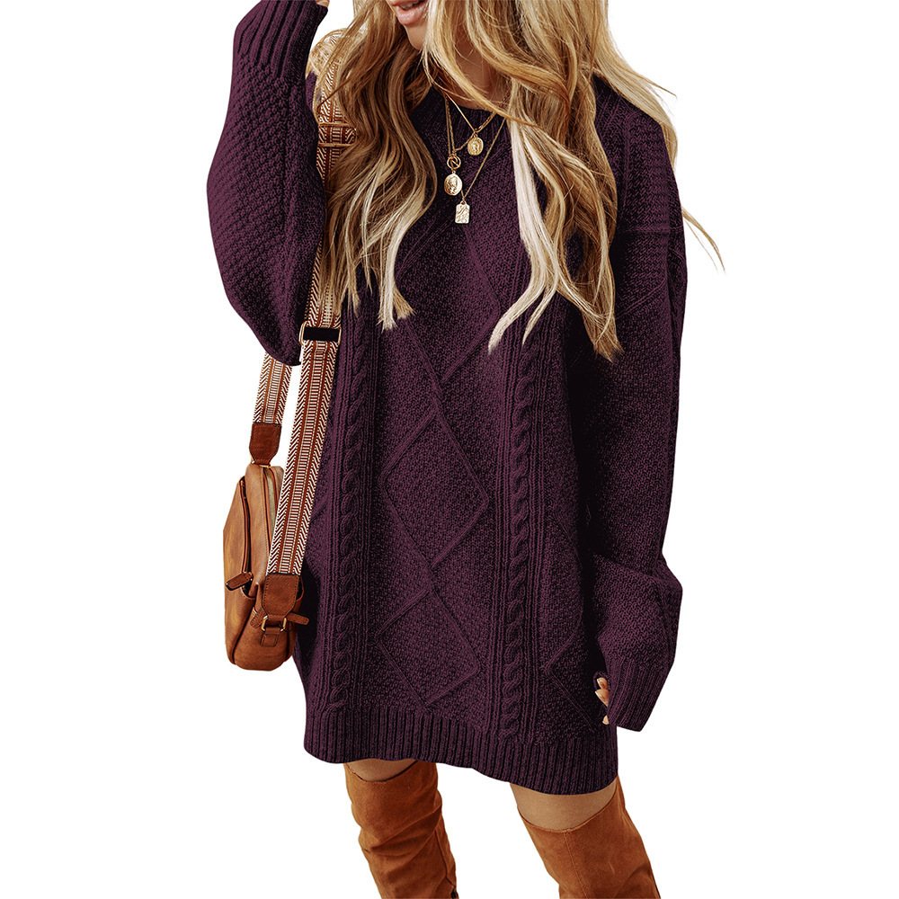 Cable-Knit Sweater Dress Relaxed Crew Neck Knee-Length