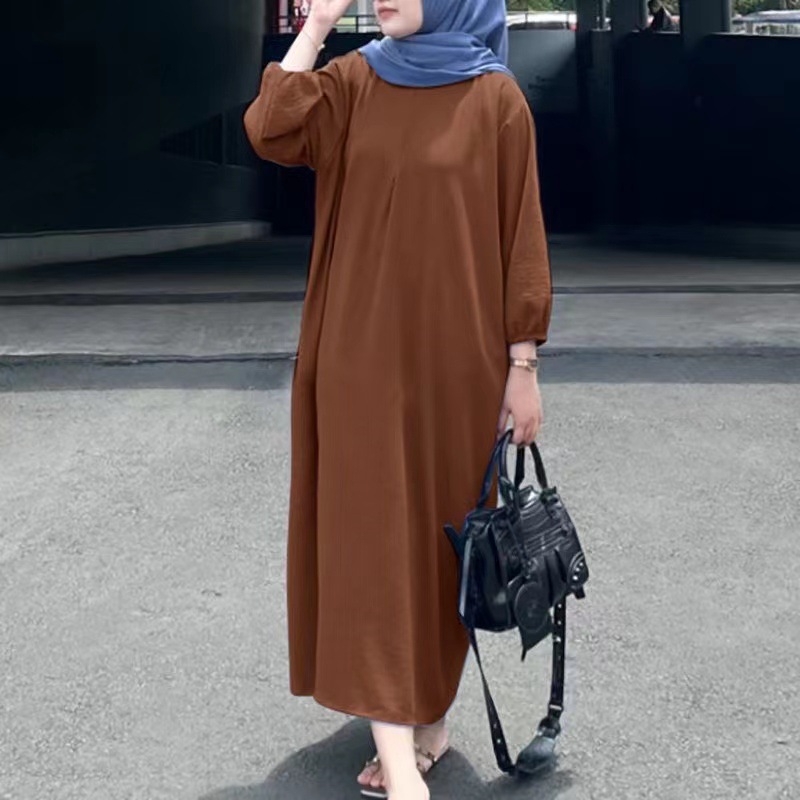 Women's Puff Sleeve Solid Color Long Dress with Tie Belt