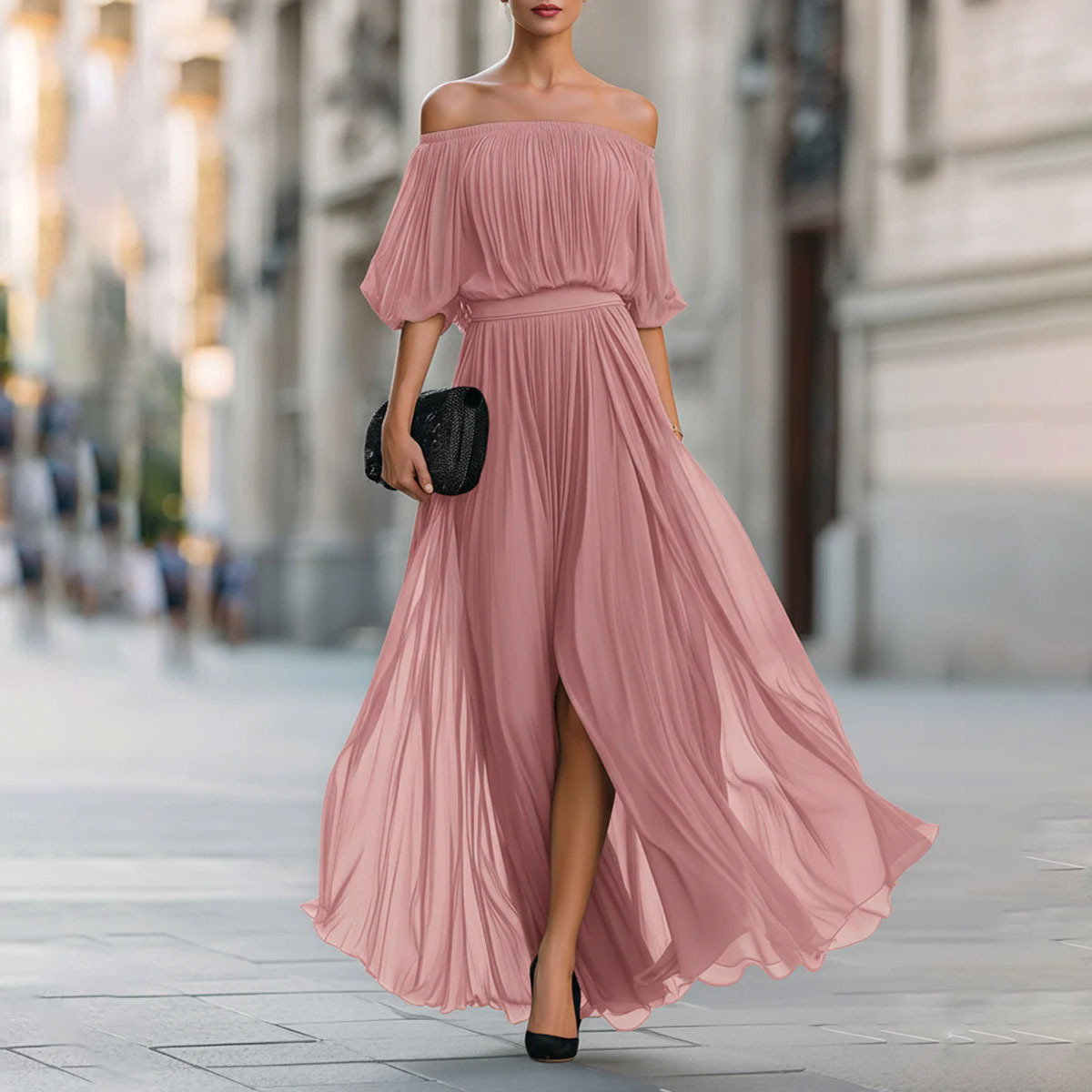 Off-Shoulder Ruched Solid Color Long Dress