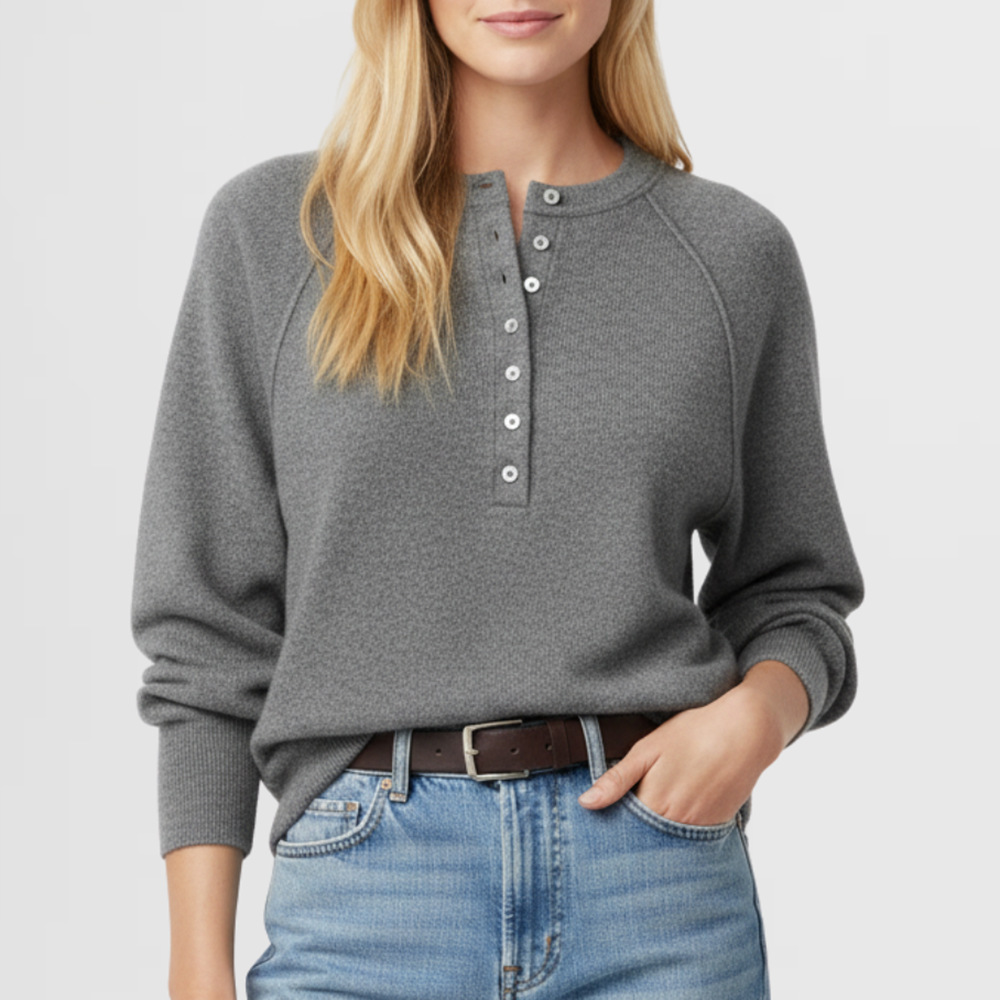 Women's Casual Crewneck Button-Front Knit Henley Sweater