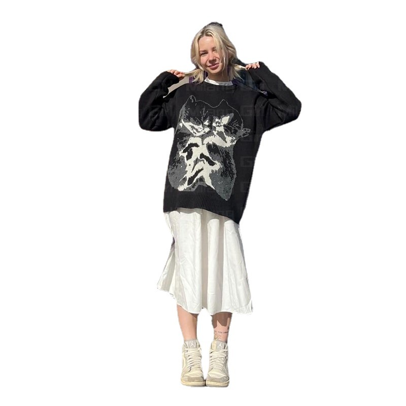 Women's Crewneck Long Sleeve Loose Casual Black Slimming Knit Sweater