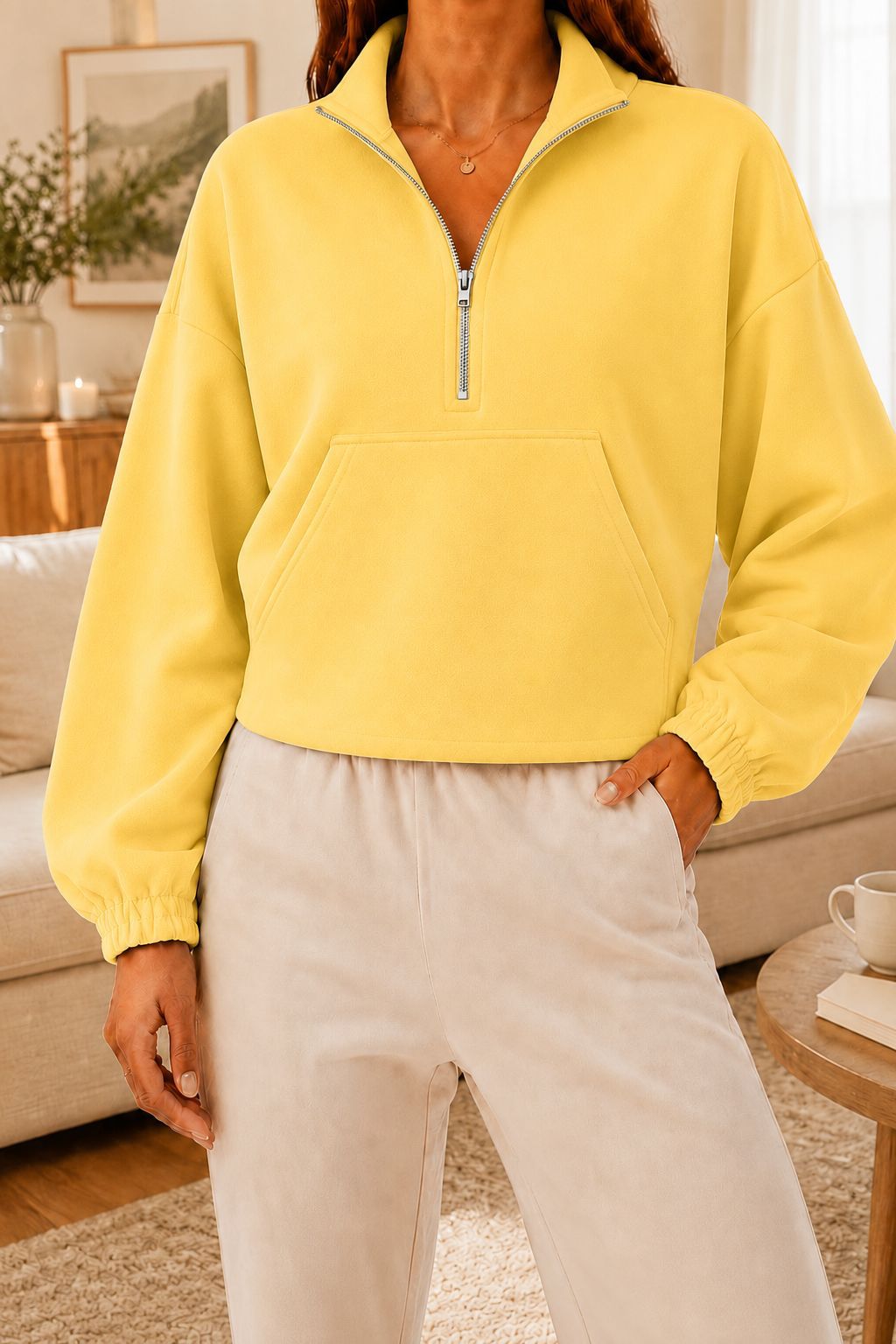 Women's Half-Zip Collared Cropped Hoodie with Kangaroo Pocket