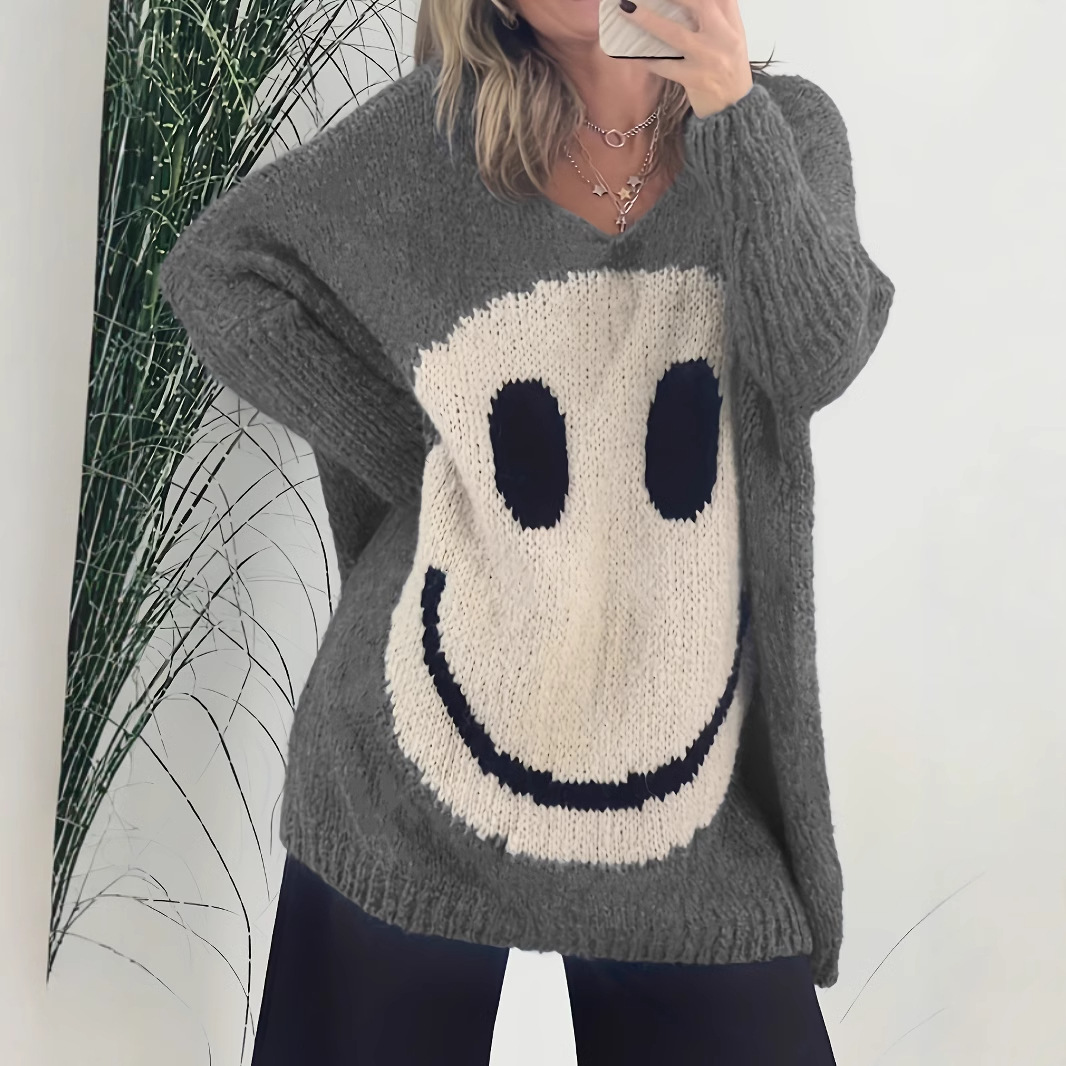 Women's Smiley Face Colorblock Jacquard Loose Knit Sweater