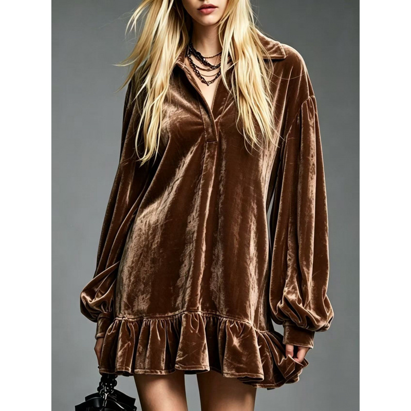 French-Style Velvet Lantern-Sleeve Ruffle Collared Shirt Dress
