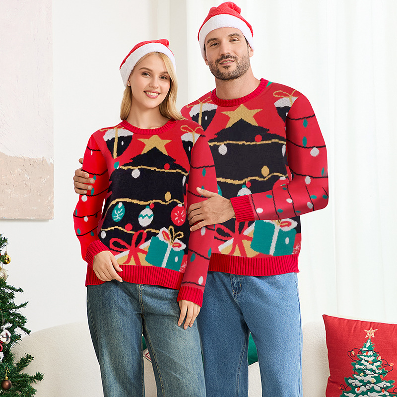 Christmas Tree Jacquard Loose Fit Pullover Sweater for Couples