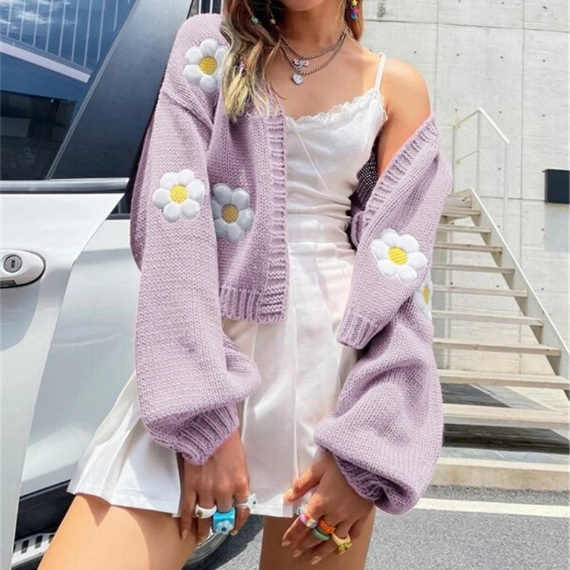 Women's 3D Floral Cardigan Sweater Short Loose Knit V-Neck