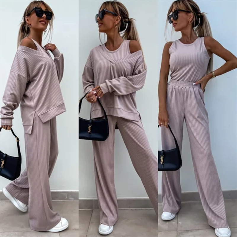 Women's Solid V-Neck Long-Sleeve Top & Pants 3-Piece Set