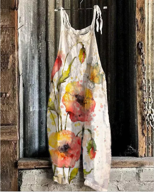 Women's Printed Cotton-Linen Cami Jumpsuit Sleeveless Wide-Leg Beach Romper