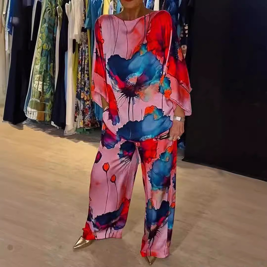 Urban Elegant Satin Off-Shoulder Loose Floral Print Batwing Sleeve Drawstring Pants Set