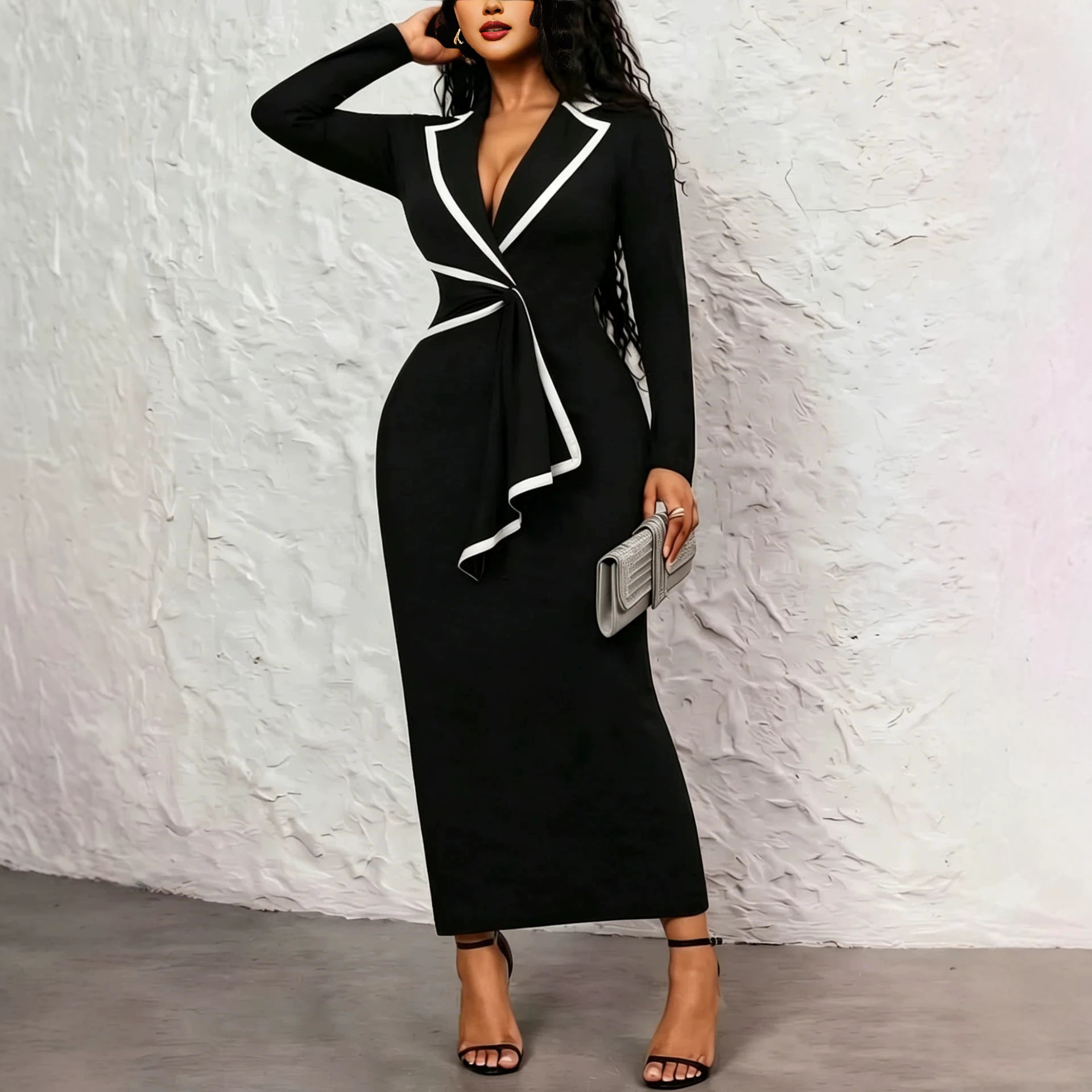 Women's Elegant Color-Block Tie-Front Collared Long Dress