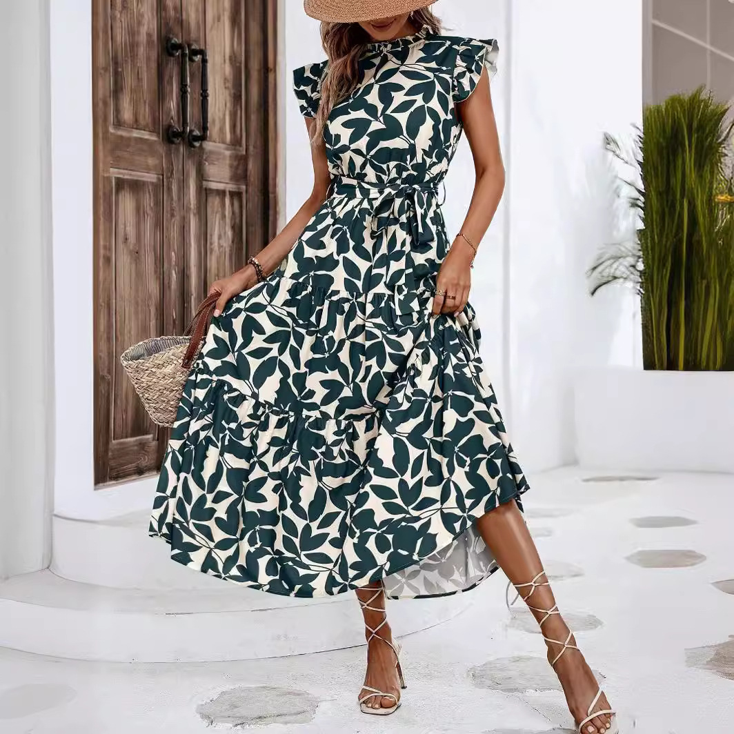 Women's Summer Floral Print Fairy Dress with Ruffle Sleeves and Tie