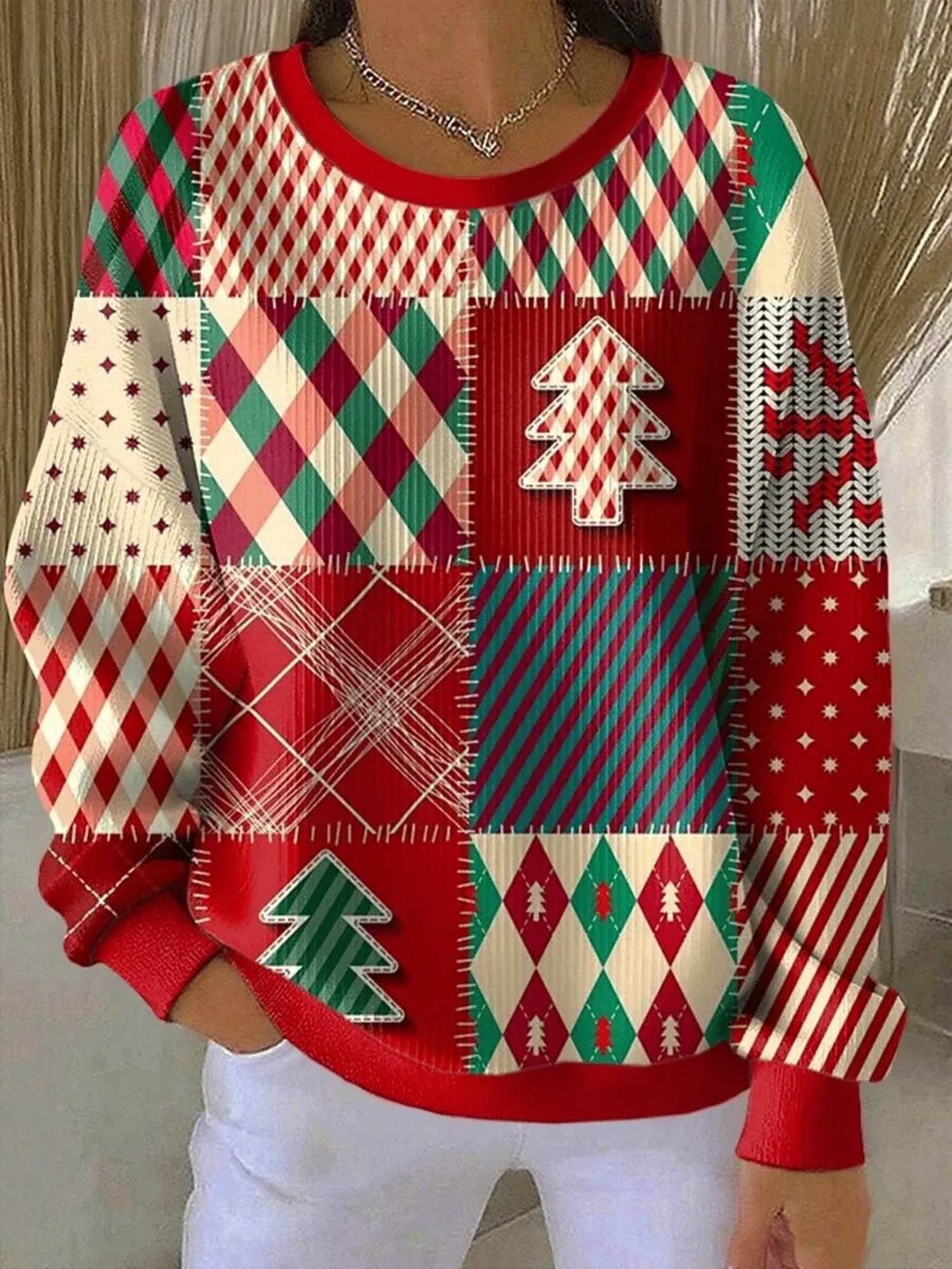 Women's Christmas Bow Plaid Print Crewneck Sweatshirt