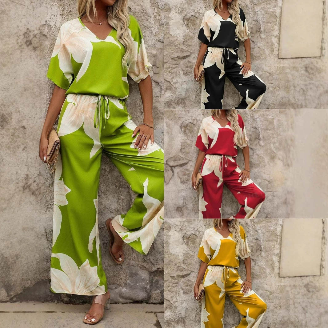 Women's Printed Casual Two-Piece Set Short Sleeve T-Shirt & Wide-Leg Pants