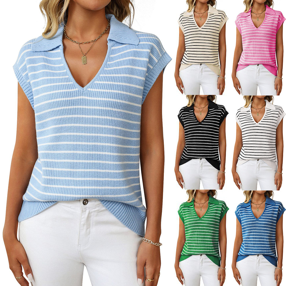 V-Neck Striped Knit Top with Collar Casual Loose Fit