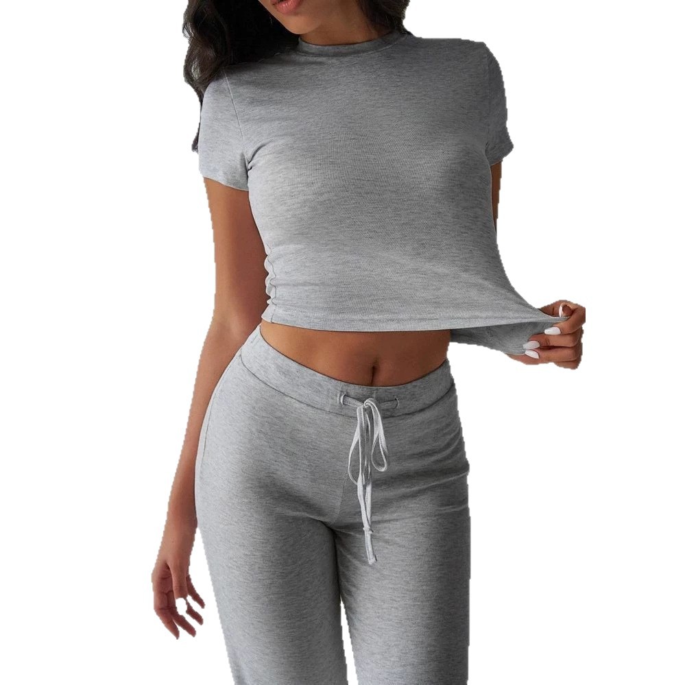 Women's Casual Solid Color Round Neck Short Sleeve Top and Long Pants Set