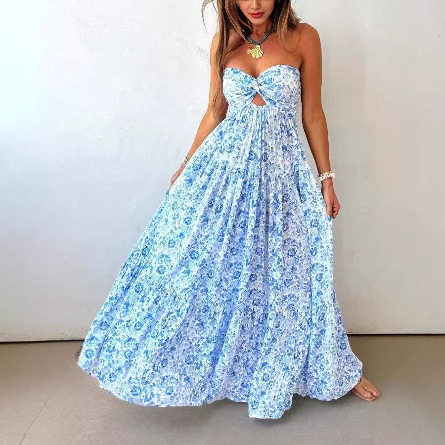 Blue Floral Strapless Twist Cutout Maxi Dress