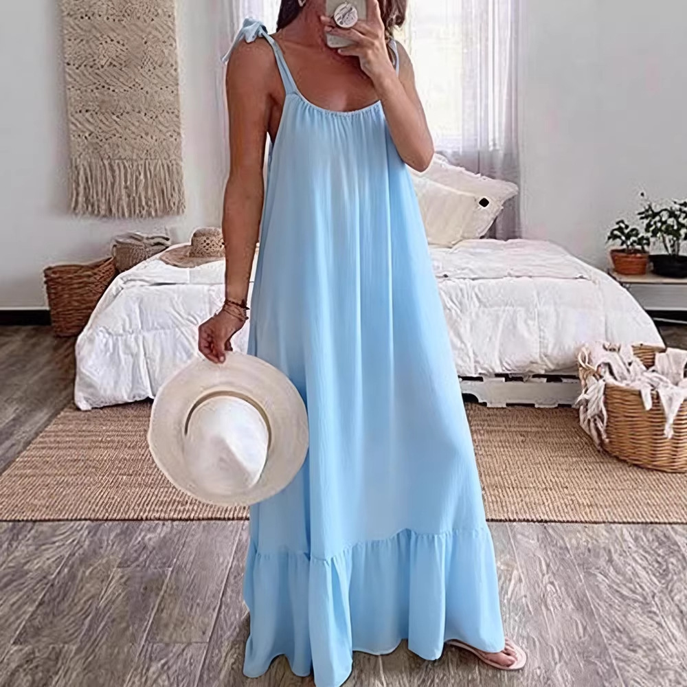 Women's Casual U-Neck Ruched A-Line Long Dress