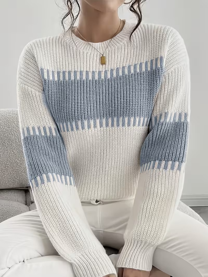 Women's Casual Striped Drop Shoulder Long Sleeve Sweater Colorful Striped Pullover