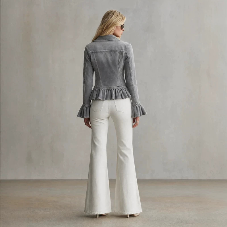 Gray Denim Jacket with Flared Sleeves and Ruffle Hem