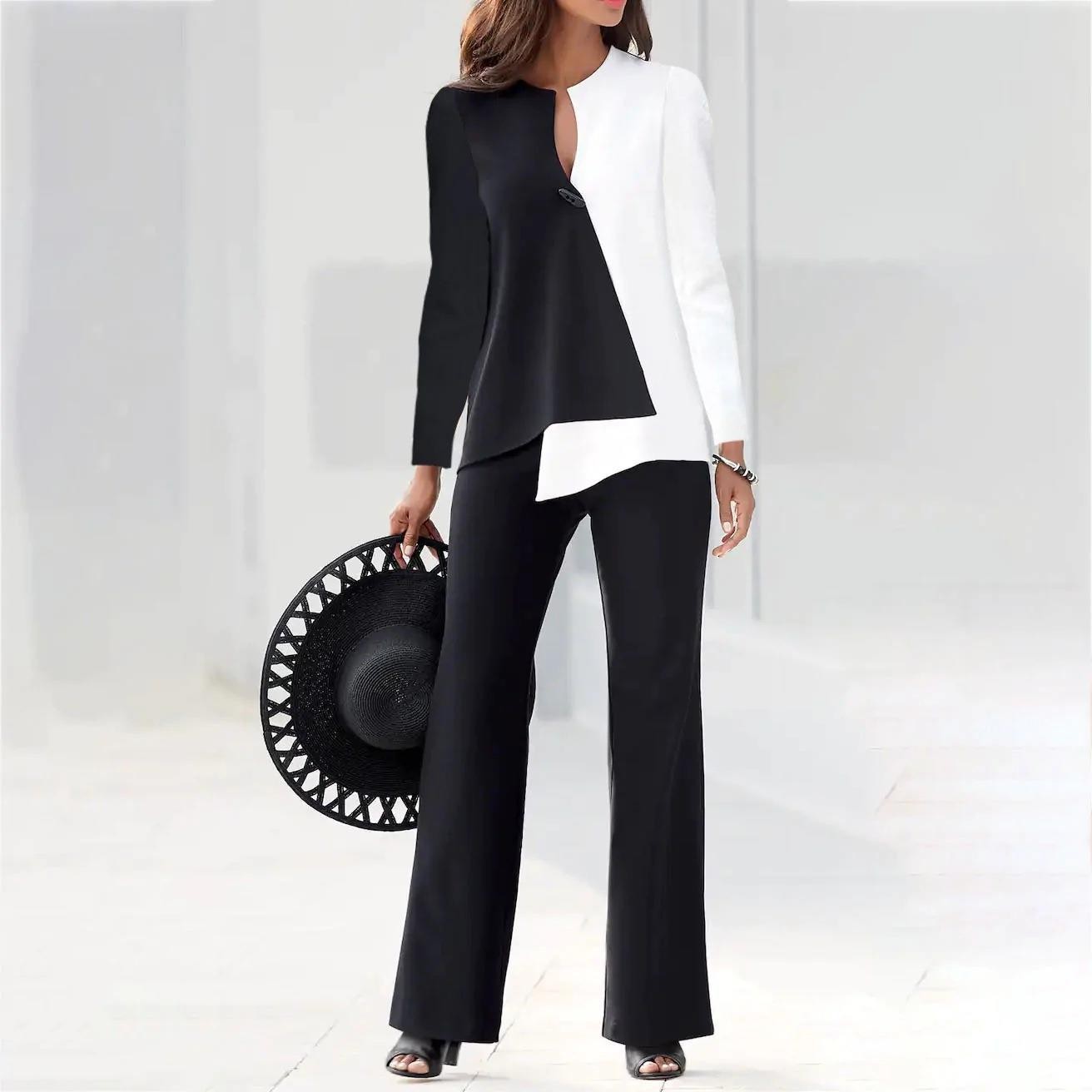 Women's Color-Block Long-Sleeve Shirt & Pants Set Casual Loose Fit