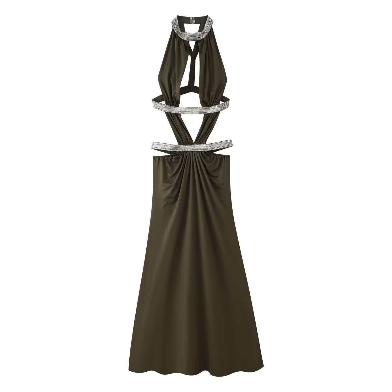 Women's Summer Halter Bodycon Dress with Rhinestone Chain Cutout