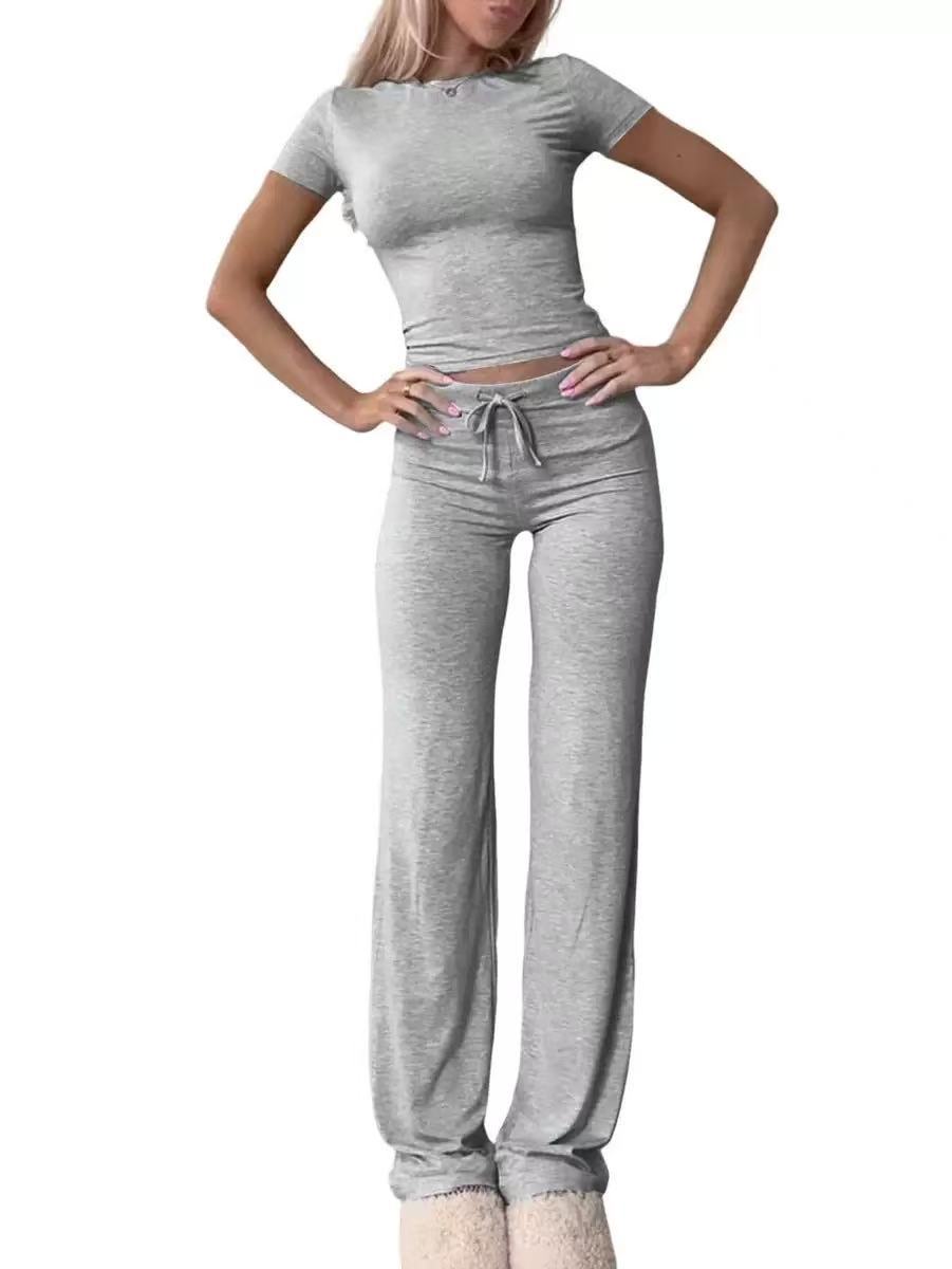 Women's Solid Color Long Pants and Short Sleeve T-Shirt Casual Two-Piece Set