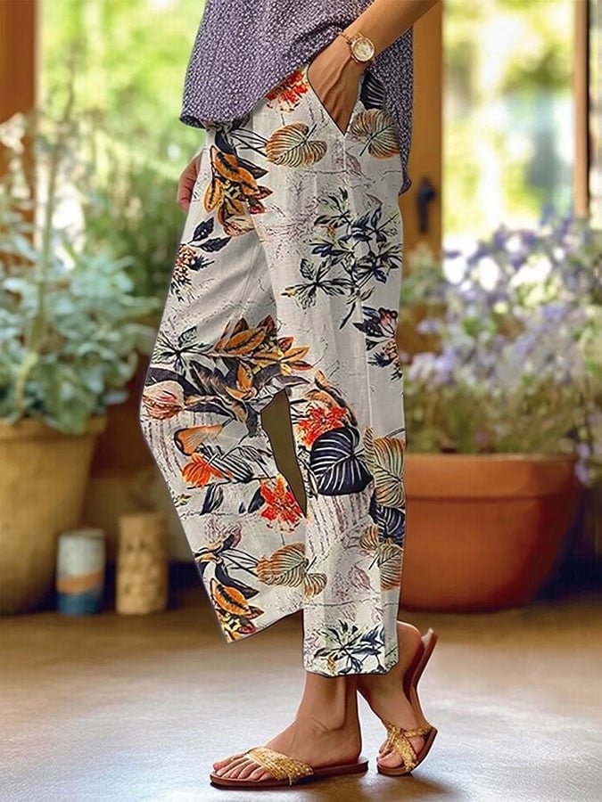 Women's Polka Dot Floral Print Straight-Leg Casual Pants