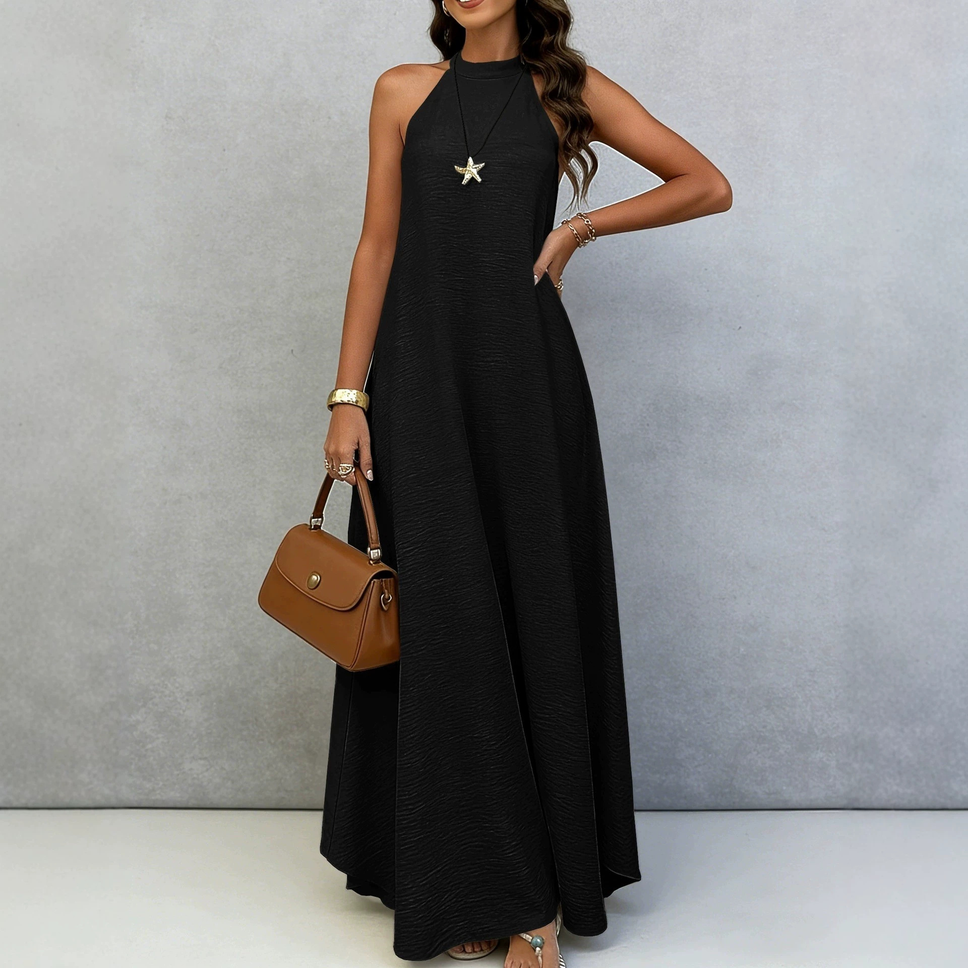 Sleeveless A-Line Midi Dress Solid Color High Waist Casual Elegant