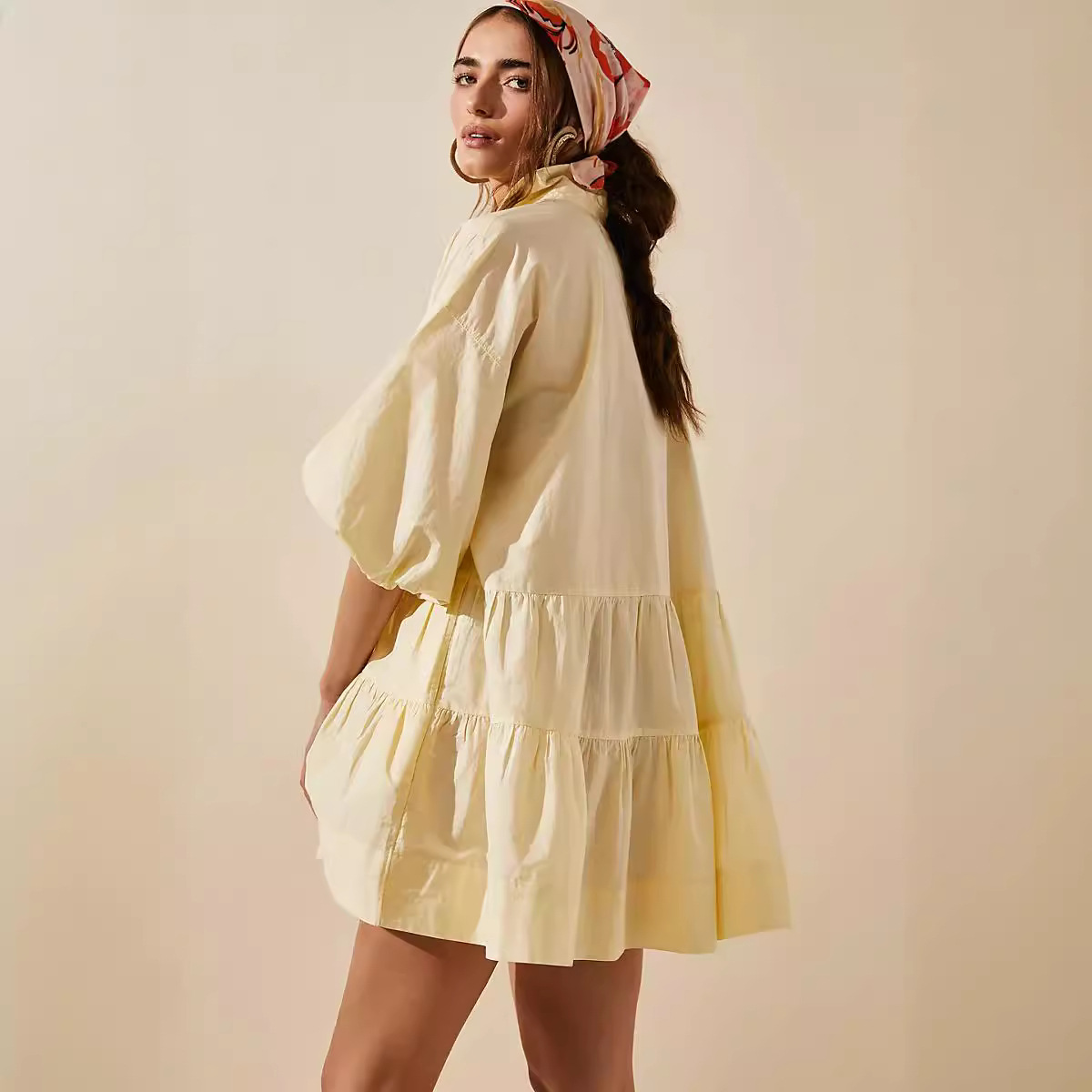 Solid Color Half-Sleeve Collared Shirt Dress