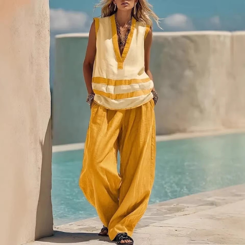 V-Neck Sleeveless Tank Top & Wide-Leg Pants Set