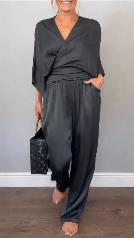 Women's Summer Solid Satin Short Sleeve Top and Pants Set