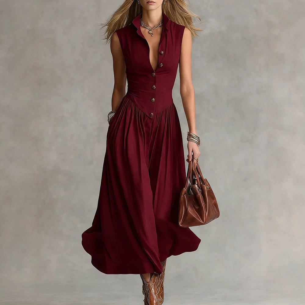 Women's French Style Slim Fit Long Sleeveless Dress with Lapel Collar