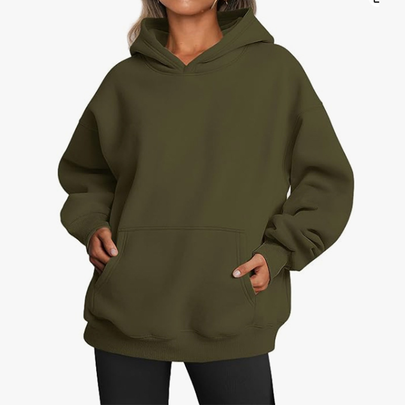 Women's Fleece-Lined Hooded Sweatshirt, Cotton Blend, Loose Fit, Solid Color