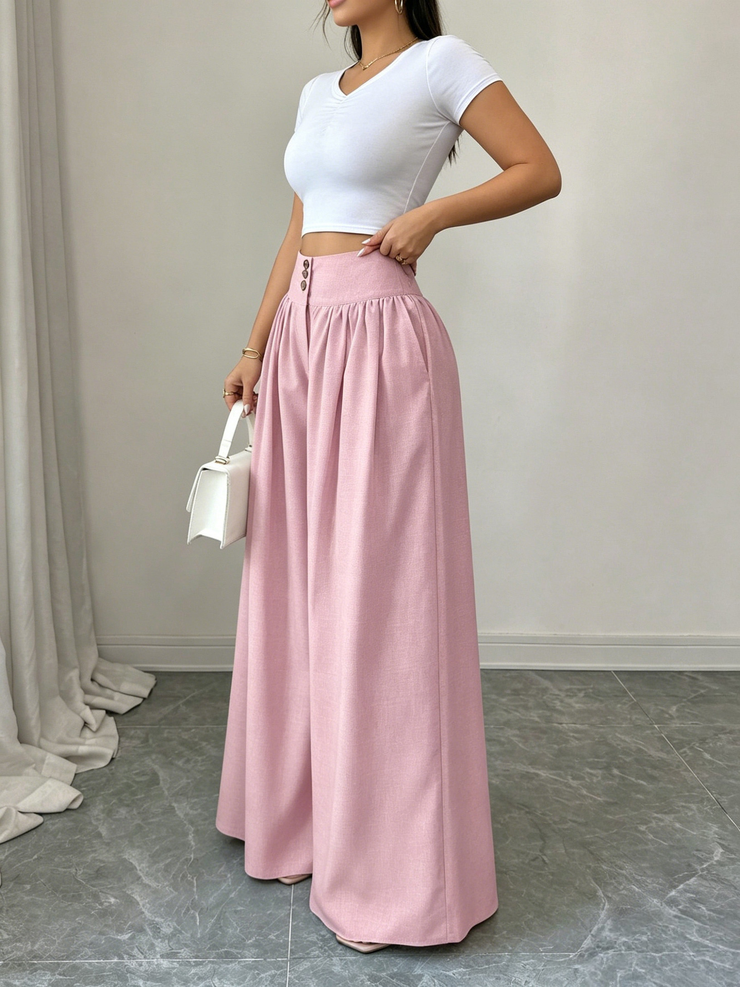 High-Waist Three-Button Wide-Leg Drapey Pants