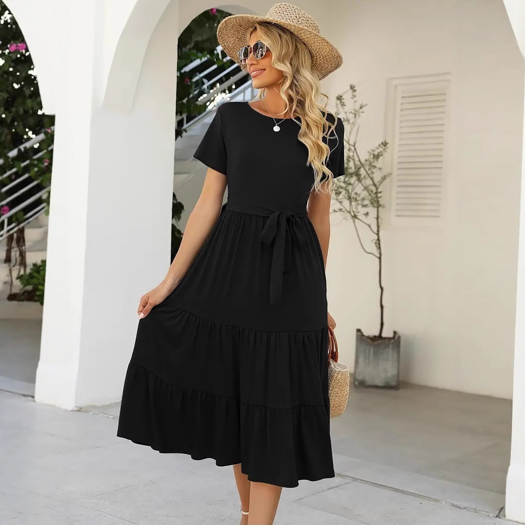 Women's Round Neck Tie Short Sleeve Casual Dress