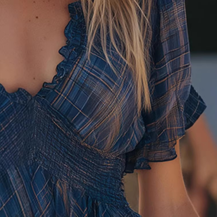 Western Vintage Plaid Blue V-Neck Ruffle Short Sleeve Chiffon Mini Dress