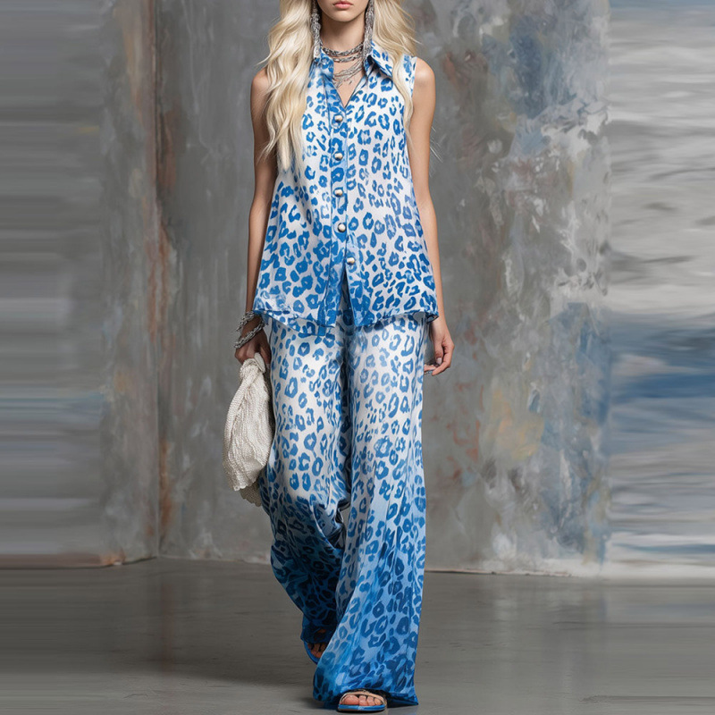 Leopard Print Sleeveless Shirt and Pants Two-Piece Set