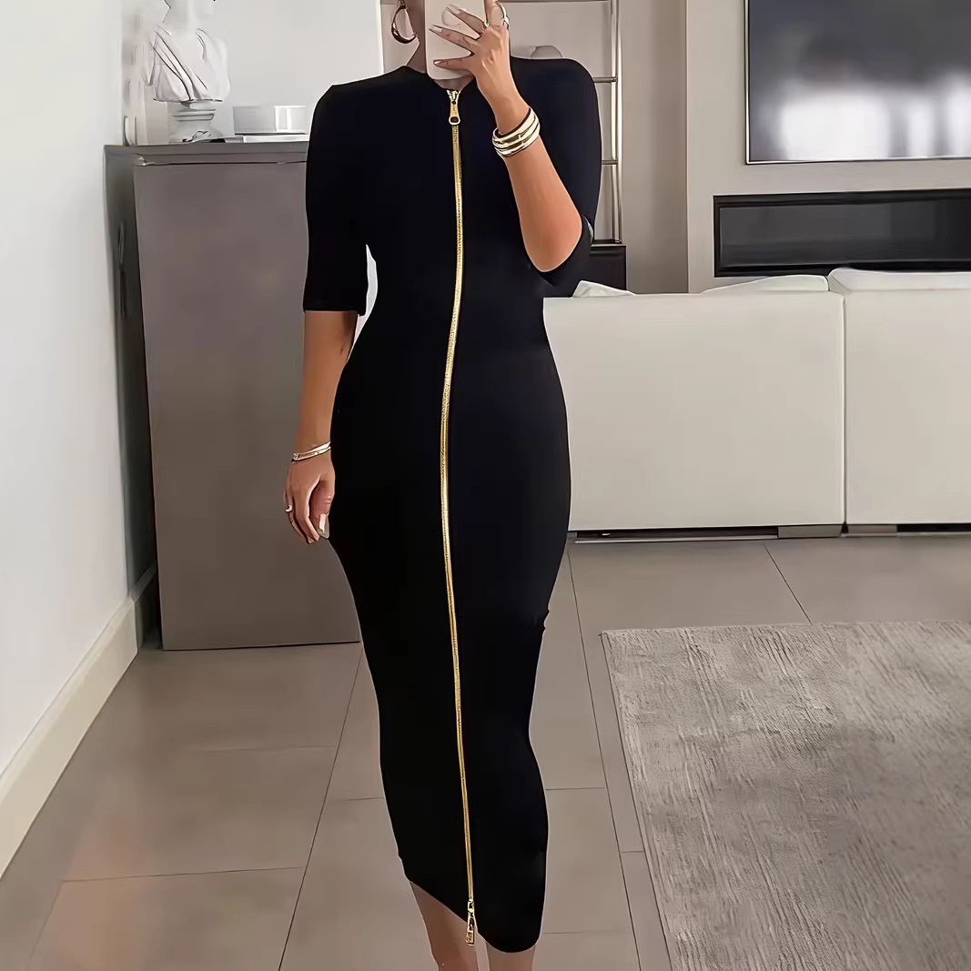 Women's Plus Size Bodycon Midi Dress with Zip and Mid Sleeves