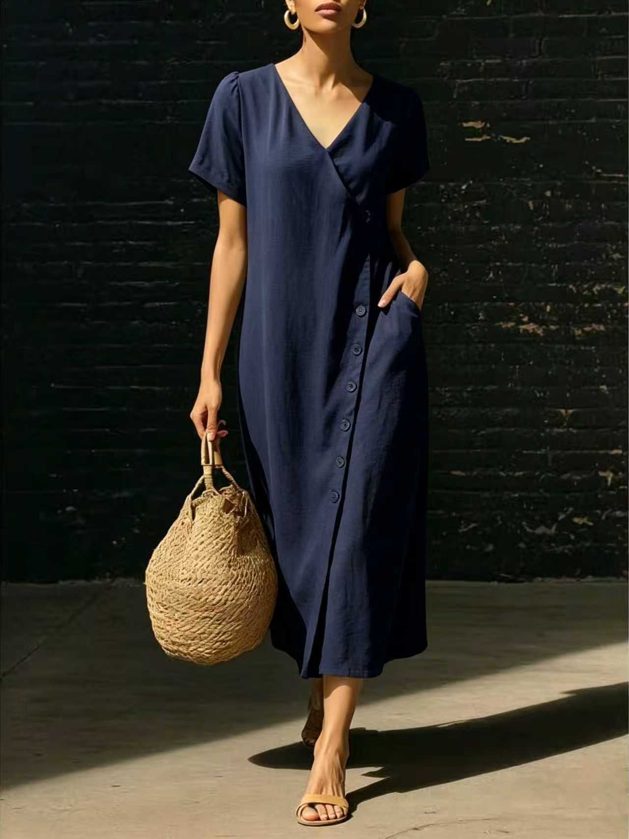 Women's V-Neck Button A-Line Midi Dress with Puff Sleeves