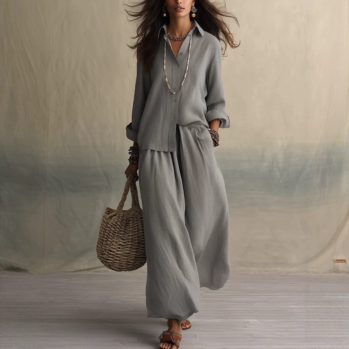 Women's Loose Cotton-Linen Shirt Collar Two-Piece Pants Set