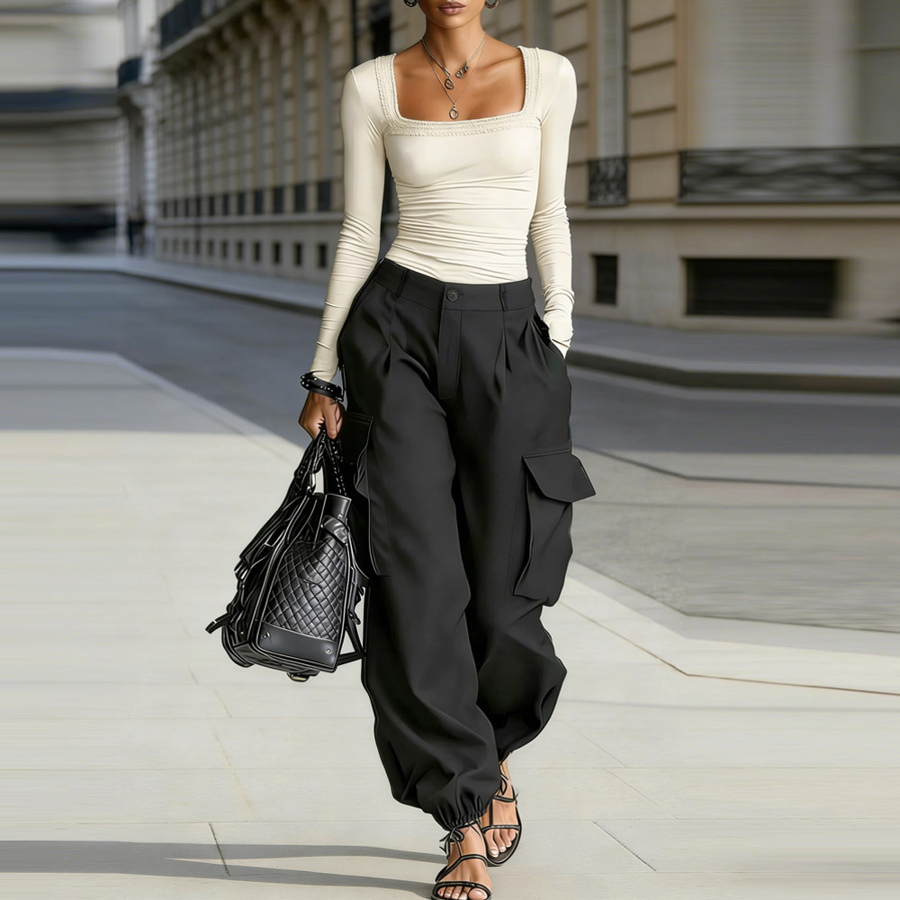 High-Waisted Cargo Pants Loose Tapered Solid Casual Pocket Streetwear