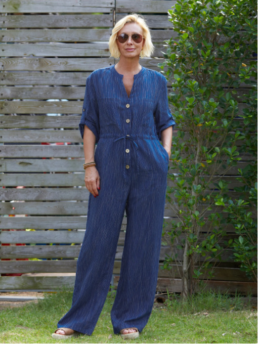 Women's Solid V-Neck Cotton-Linen Jumpsuit with Tie