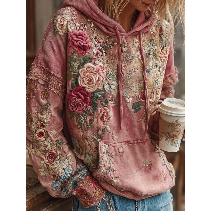 Japanese Cherry Blossom Print Loose Crewneck Sweatshirt