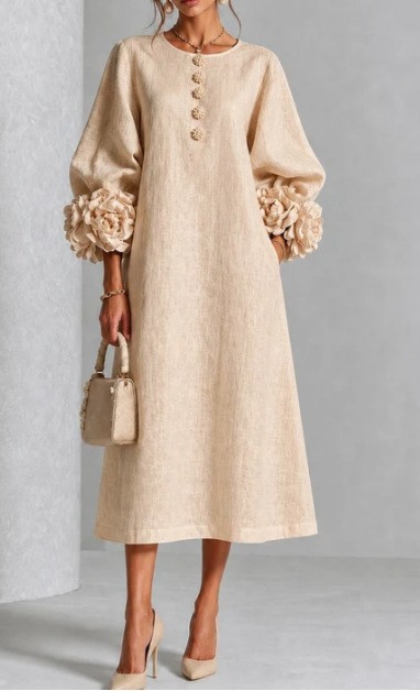 Women's French 3D Floral Lantern Sleeve A-Line Midi Dress