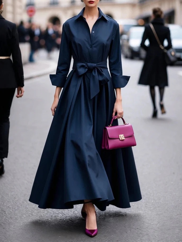 Long Sleeve Collared Solid Long Dress with Tie Belt