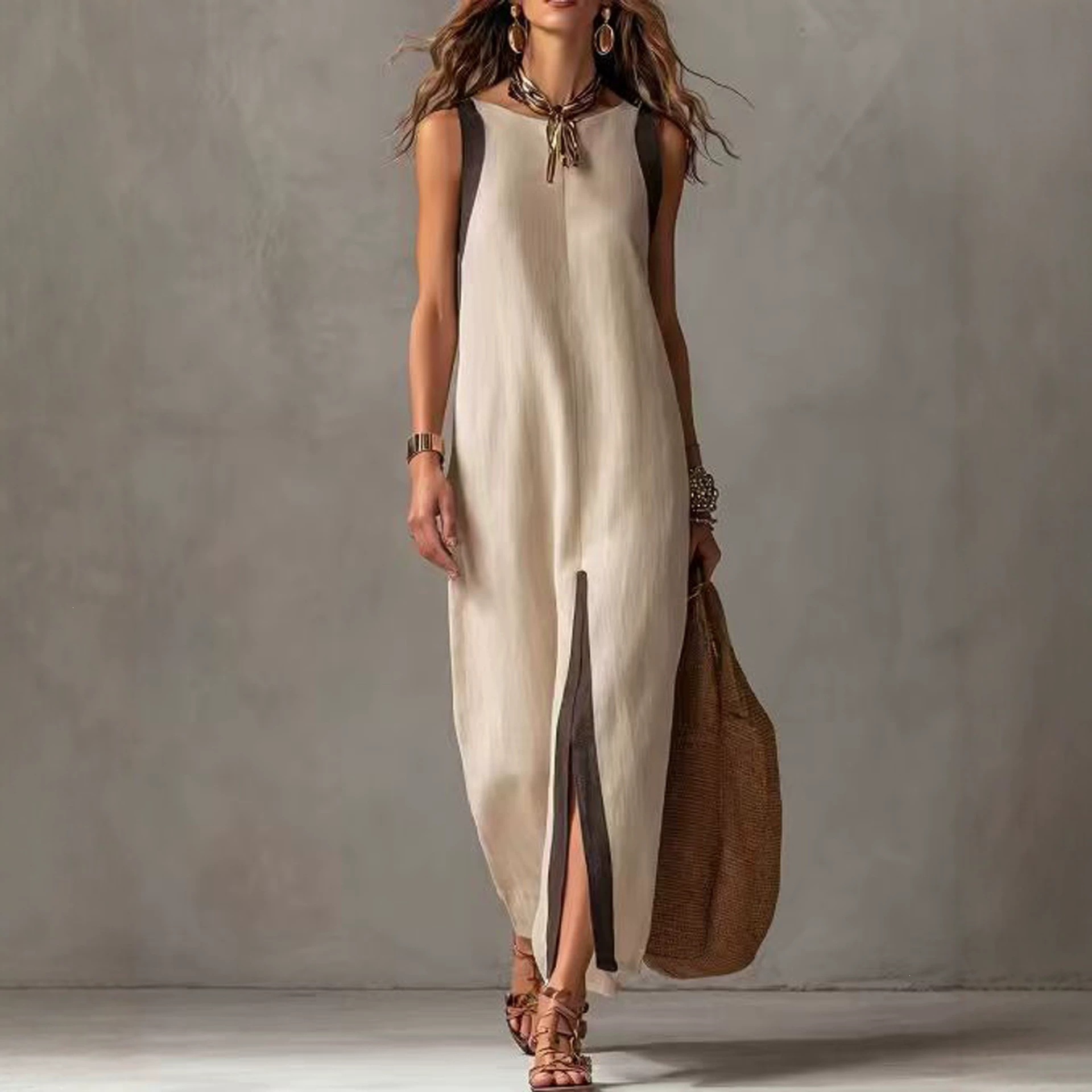 Women's Summer Casual Sleeveless Midi Dress Colorblock