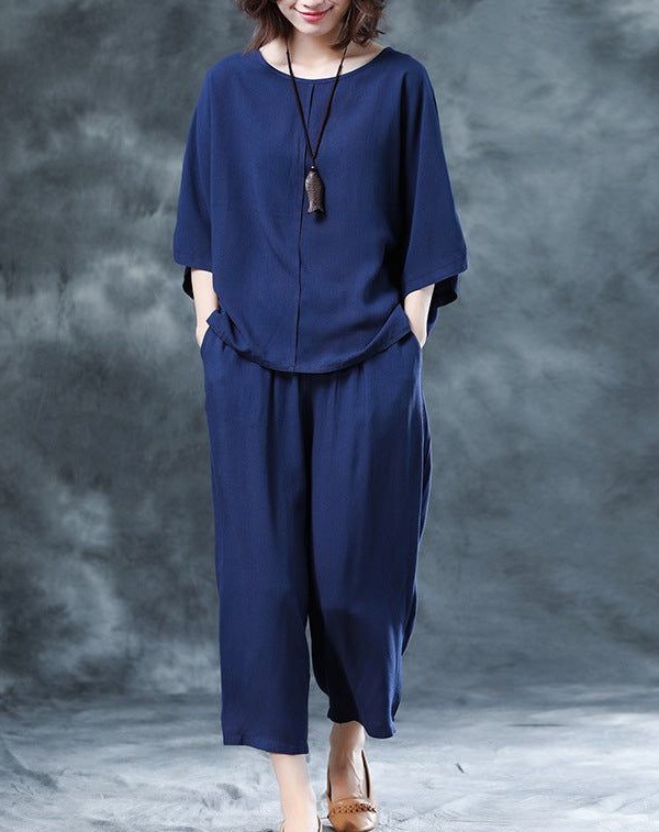 Women's Solid Color Short Sleeve Tee and Wide Leg Pants Set Plus Size